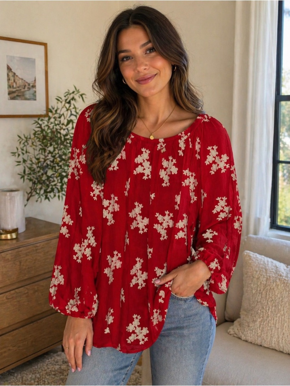 Soft Surroundings Red Embroidered Top Size xl